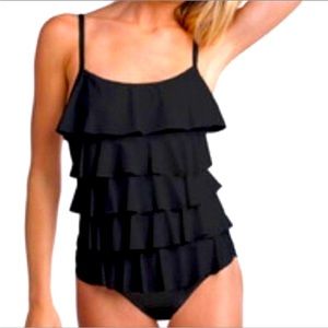 Aqua Green Black Slimming Ruffled One Piece Swimsuit—Multiple Sizes